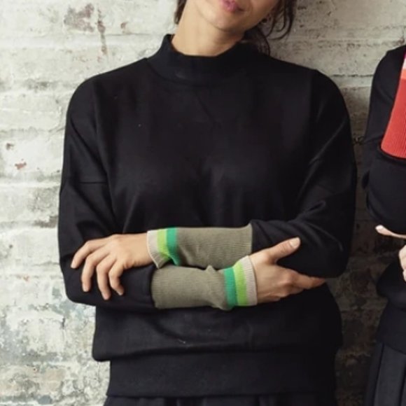 NEW Spring NOD New York Black Striped Cuff Turtle Sweatshirt with Green Blend - Picture 2 of 12